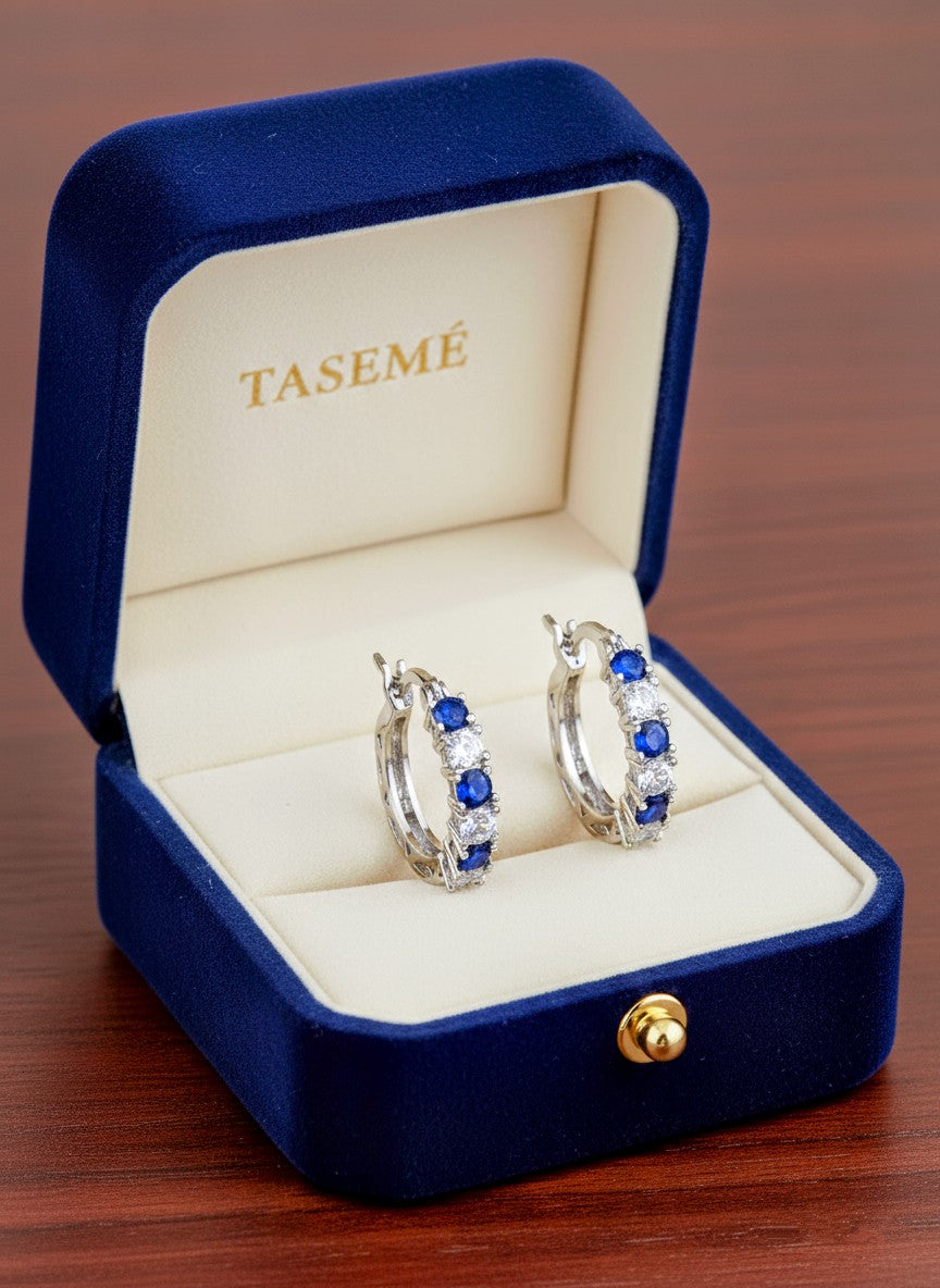 Sterling Silver Hoop Earrings with Blue Sapphire and Clear Stones
